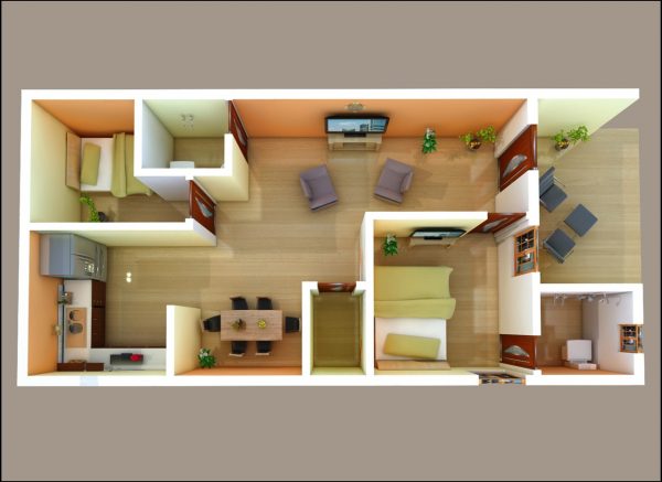 Best 3D Floor Plan, 2BHK Contemporary Modern House Plan India