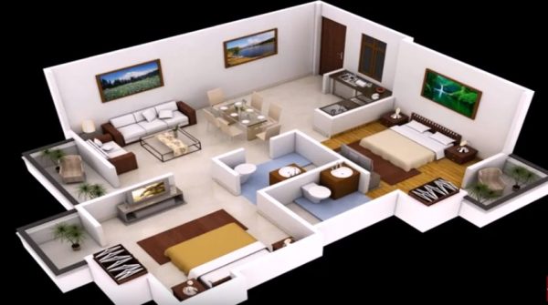 Two Bedroom Floor Plans India, 2BHK Home Design Traditional, Living Room